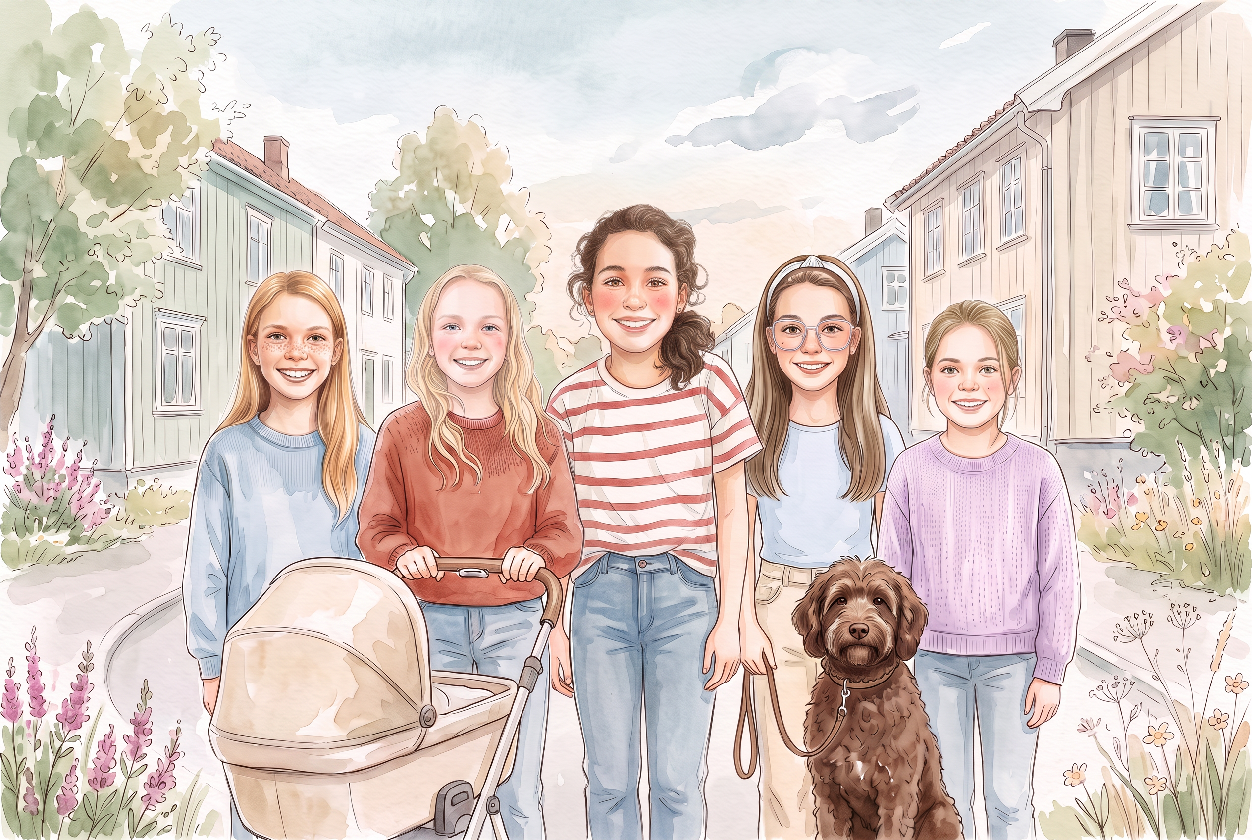Akvarellillustrasjon av de fem jentene i Trygge Hender i et solfylt nabolag – Helle triller en barnevogn og Sofie holder båndet til en brun australsk cobberdog som sitter ved siden av henne